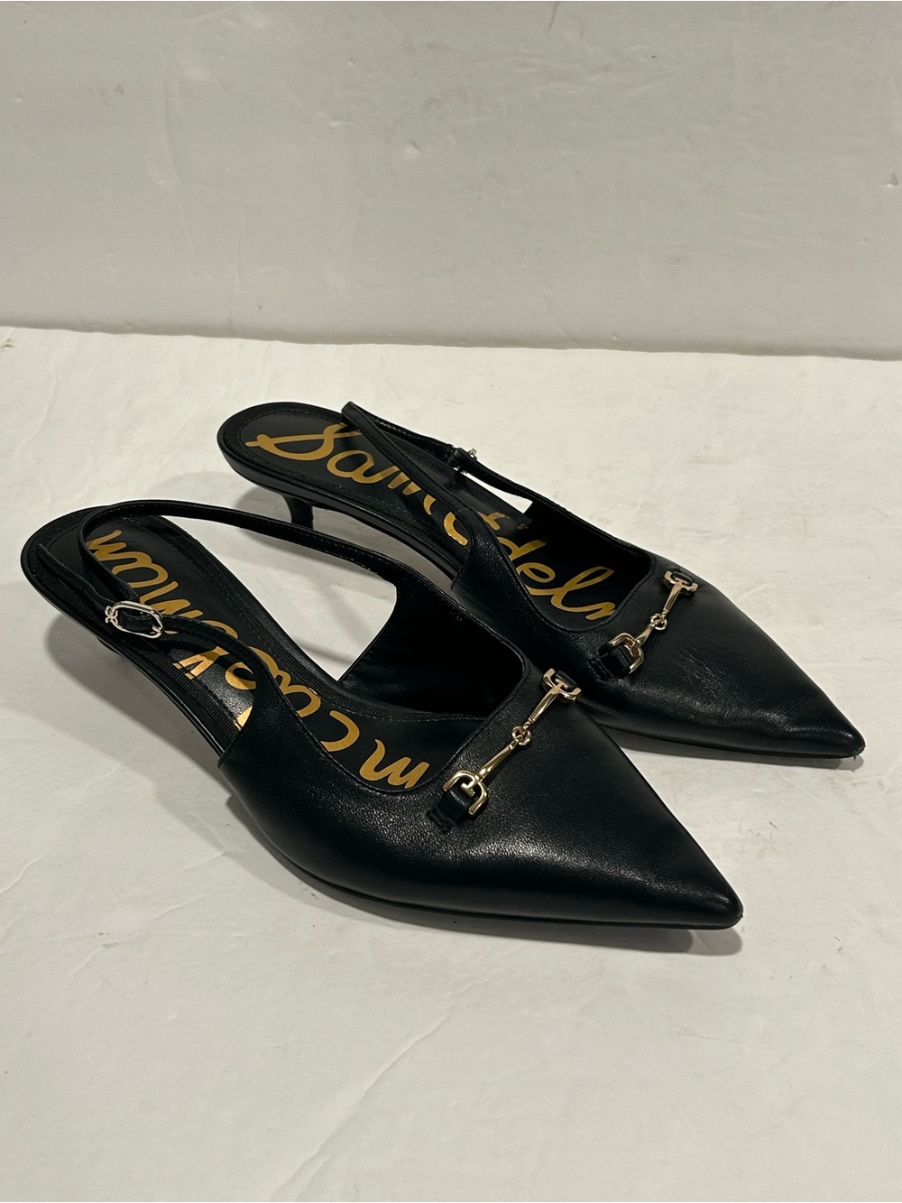 Sam Edelman "Farrah" Black Leather Horsebit Slingback Kitten Heels - Size 6W - Picture 3 of 12